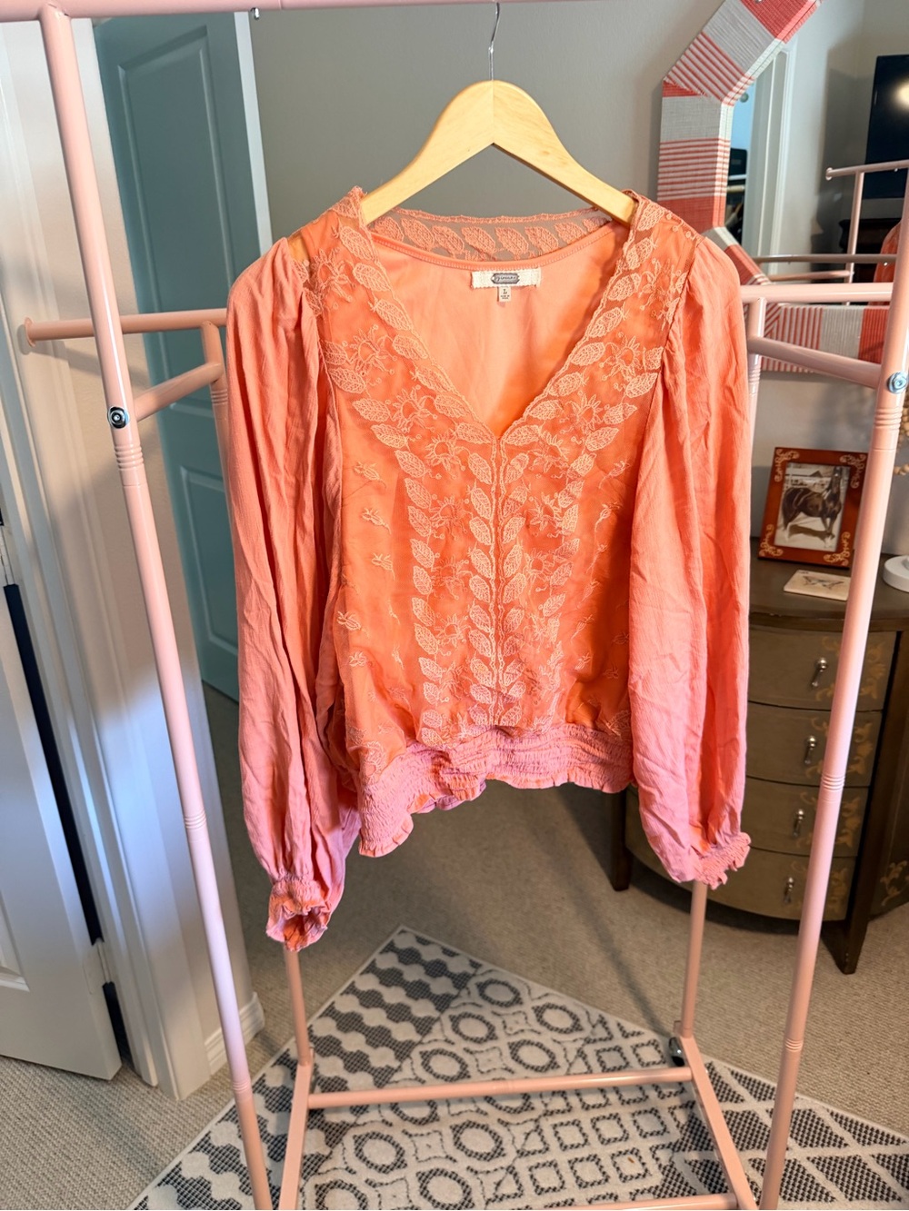 Embroidered Boho V-Neck Long-Sleeve Top in Coral